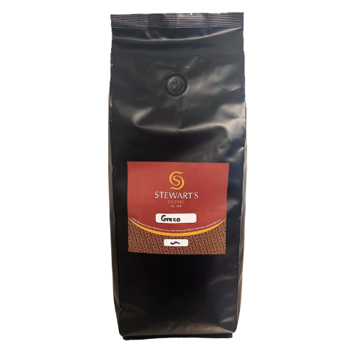 bag of stewart's coffee greco blend beans